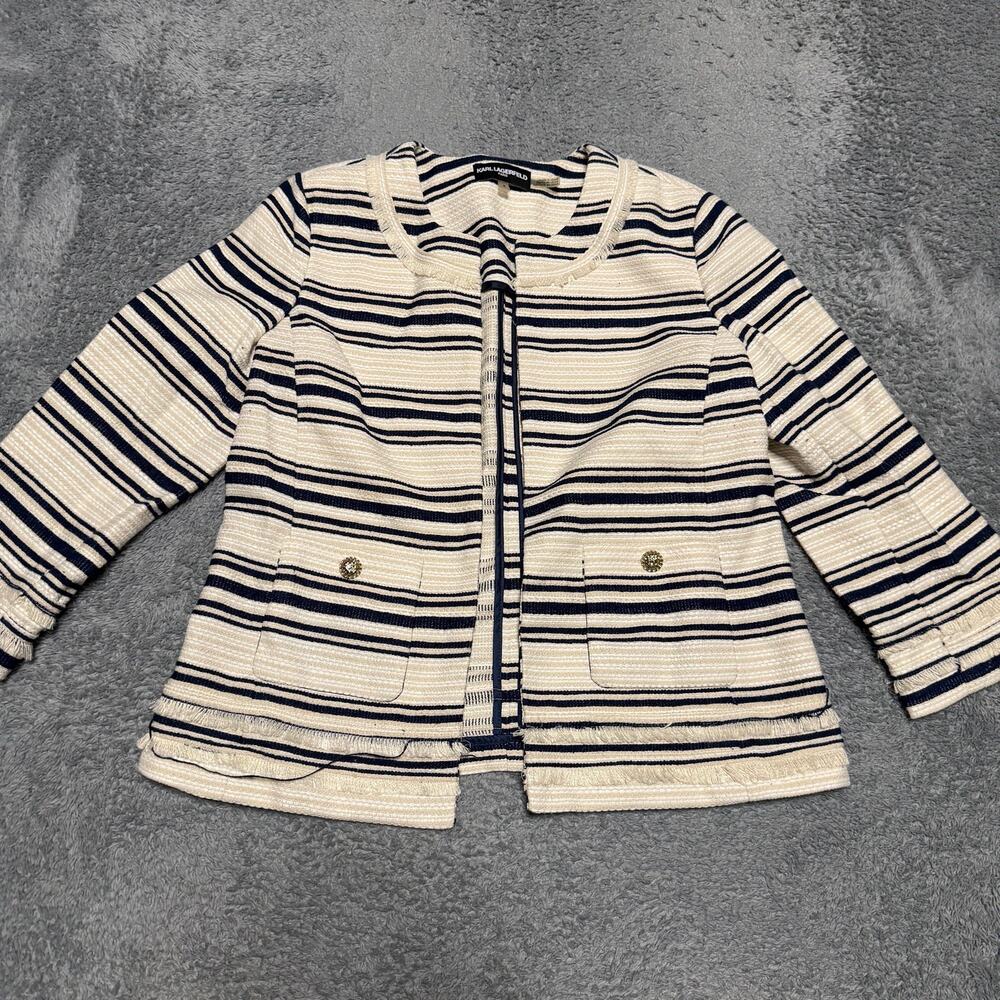Karl Lagerfeld Paris Tweed Blazer Womens 6 Cream Blue White Gold Button Jacket